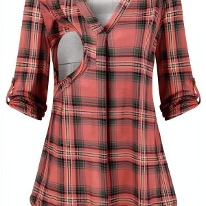 Quinee Nursing Top Maternity Shirt Plaid Breastfeeding Tee-0