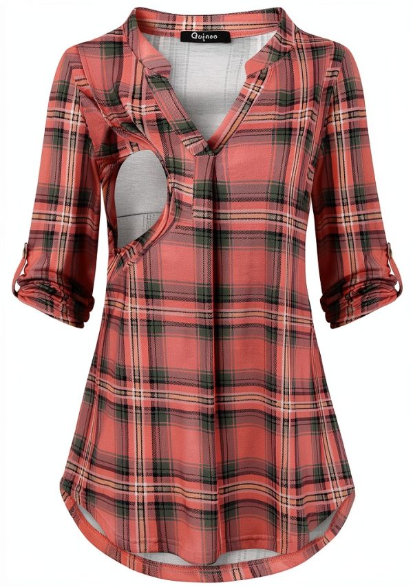 Quinee Nursing Top Maternity Shirt Plaid Breastfeeding Tee-0