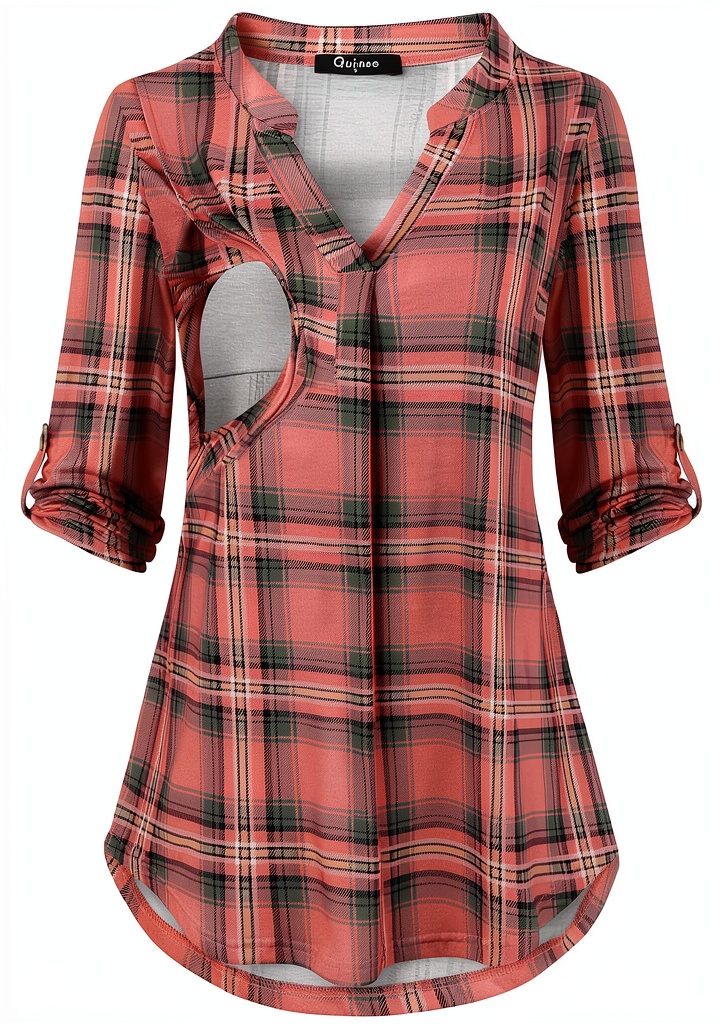 Quinee nursing top in plaid pattern showing breastfeeding opening