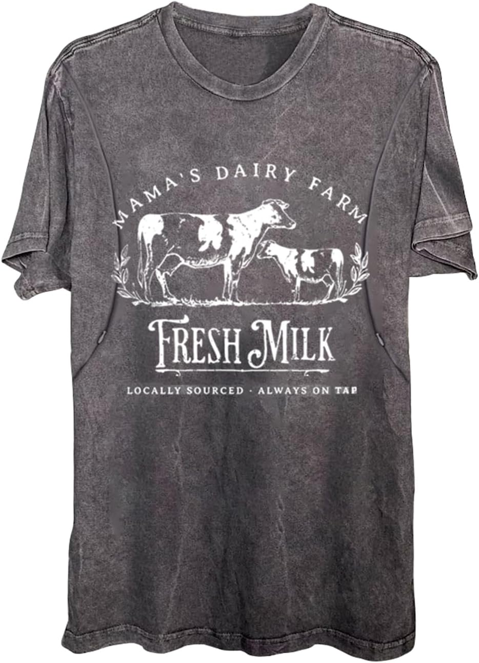 Maternity nursing top in gray color showing cow graphic print and fit