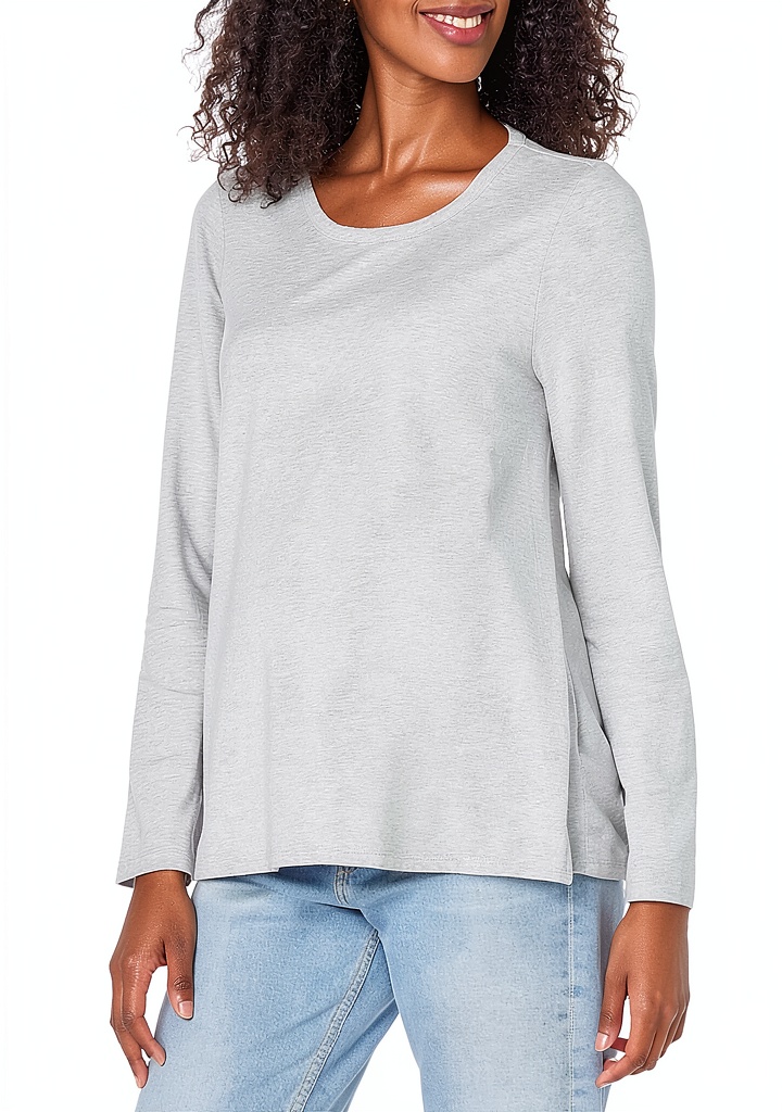 Model wearing Amazon Essentials nursing tee while holding baby