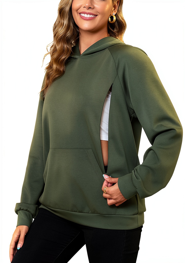 Mom nursing discreetly with dual‑zipper sweatshirt