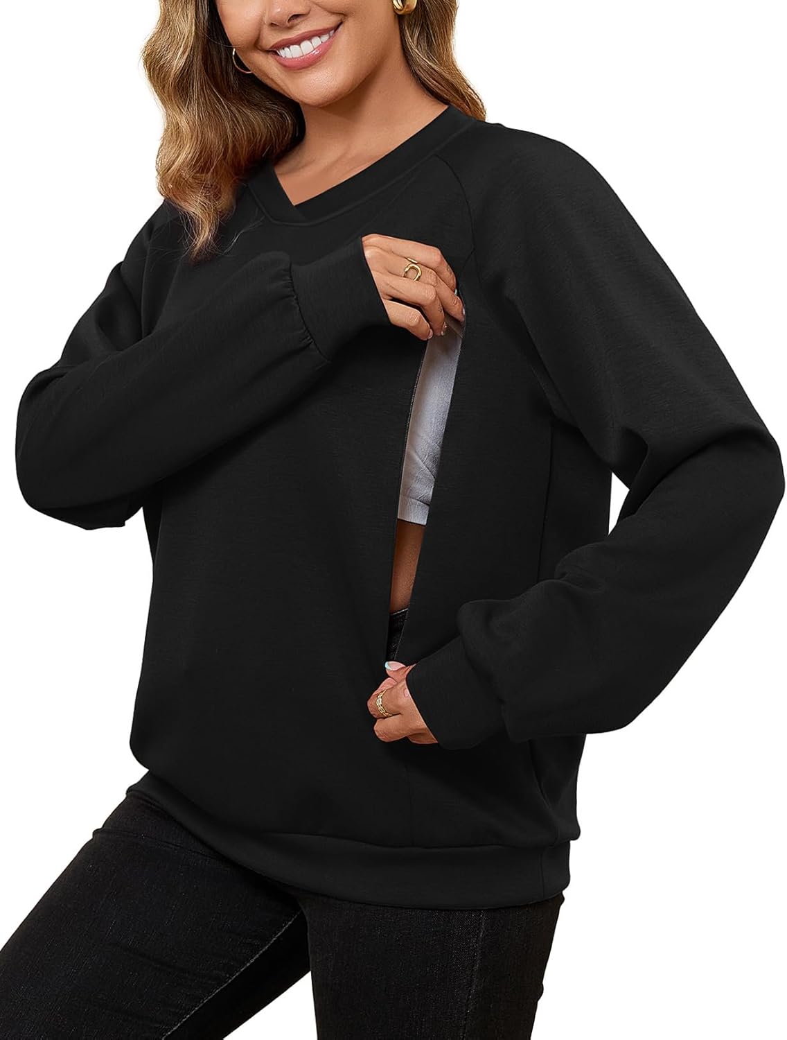 Maternity nursing sweatshirt showing hidden zipper detail and relaxed fit