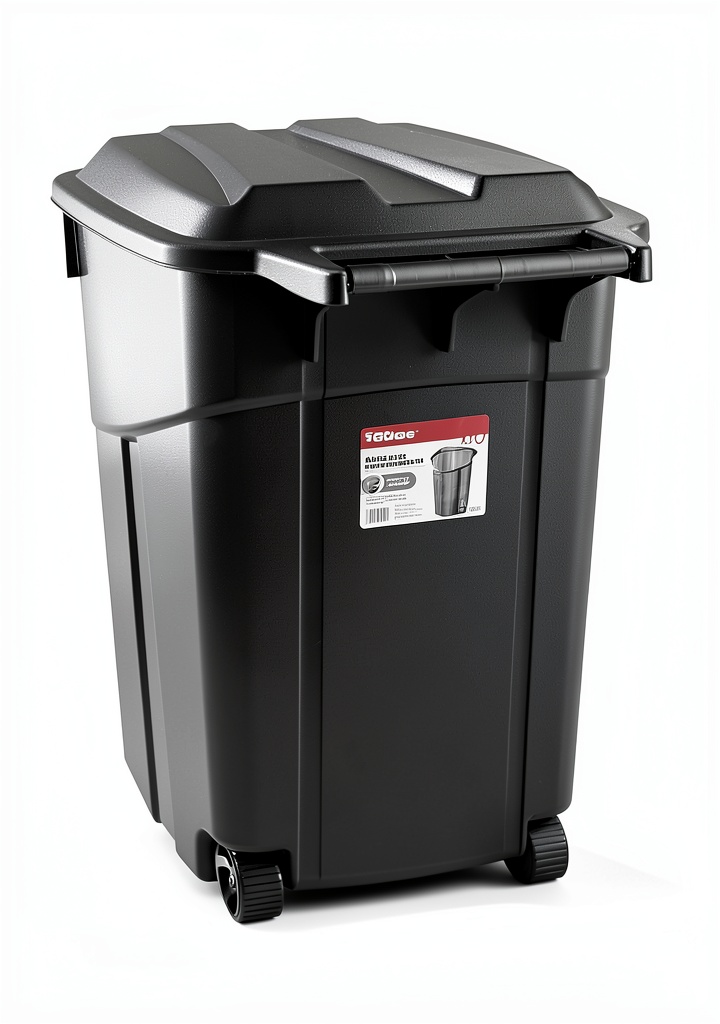 Furfully outdoor trash can placed on a patio with wheels visible